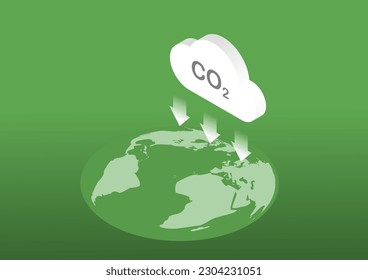 neutro en CO2. Concepto neto de emisiones cero. Reducción de la emisión de dióxido de carbono a la tierra. Isometric Cloud Illustration. Ilustración vectorial.