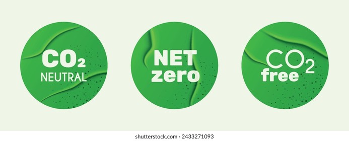 CO2 neutral and Net Zero symbol. 3 round green glue paper logo. Carbon dioxide emission reduction icon. Climate change, eco Friendly vector illustration