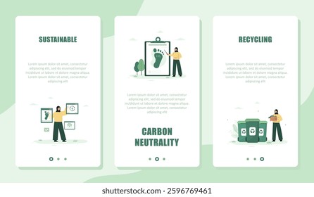 CO2 neutral. Set of Templates for Online Services. Mobile screen. Carbon dioxide footprint, environmental pollution. Net Zero. Vector illustration in flat cartoon style.