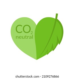CO2 neutral stamp - carbon emissions free. Vector eco-friendly label, isolated sign, logo in the shape of a heart with leaf