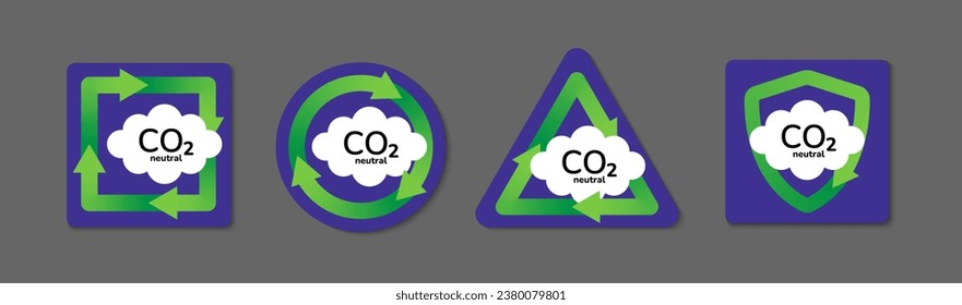 CO2 neutral sticker set vector illustration. Co2 emission reduction, zero carbon footprint, Co2 free labels. CO2 neutral clouds with green recycle arrows on purple background eco friendly icon set.