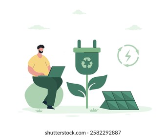 CO2 neutral. Sustainability concept. Solar panels. Low carbon and environmental responsibility. People live eco life. Alternative energy sources. Vector illustration in flat cartoon style.