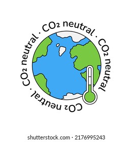 CO2 neutral text around planet Earth globe icon. Zero carbon emission, greenhouse gas emission reduction concept. Global warming, planet Earth with thermometer. Linear outline vector illustration.