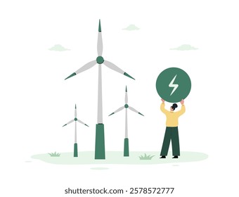 CO2 neutral. Wind electricity generators. Eco power station. Renewable energy, Ecology, Alternative energy. Vector illustration in flat cartoon style.