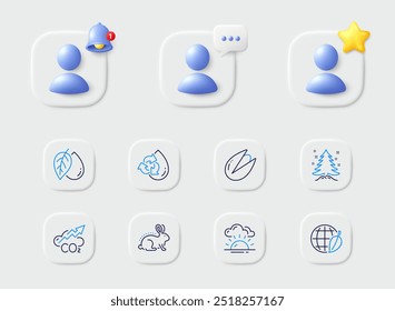 Co2, Pistachio nut and Environment day line icons. Placeholder with 3d star, reminder bell, chat. Pack of Recycle water, Mineral oil, Animal tested icon. Sunset, Christmas tree pictogram. Vector