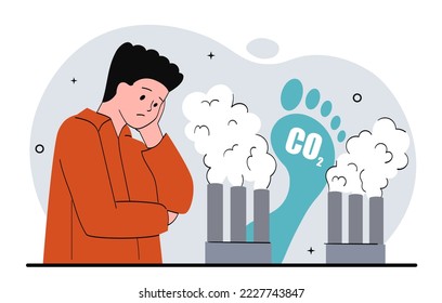 concepto de contaminación por CO2. Hombre parado frente a las fábricas. El cuidado de la naturaleza y el medio ambiente. Reducción de las emisiones de desechos. Afiche o cartel motivacional para el sitio web. Dibujo vectorial plano de dibujos animados