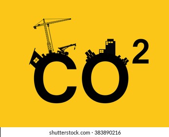 Co2 Pollution Illustrated In Text With City Polluction Sillhouette Vector