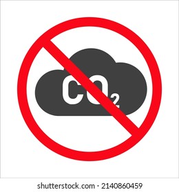 CO2 prohibited icon. Carbon dioxide sign crossed out inside the circle. No CO2 symbol.