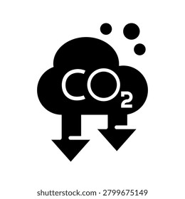 CO2 reduction cloud line icon with downward arrows representing carbon emission reduction and environmental sustainability. Outline vector symbol for climate action and green initiatives.	

