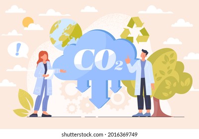 CO2 reduction concept. Alternative energy usage and eliminate environment danger from air contamination. Reduce carbon dioxide greenhouse gases. Flat cartoon vector illustration