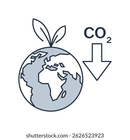 Icono de reducción de CO2. El globo con hojas y la flecha muestra un nivel de contaminación de dióxido de carbono más bajo. Beneficios ambientales de la producción de biogás. Ilustración vectorial aislada en un fondo blanco.