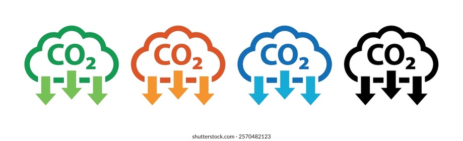 CO2 Reduction Icon Set: Carbon Cut, Zero Emissions, and Low Greenhouse Gas Pictograms in Multicolor Collection