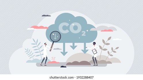 CO2 reduction to reduce carbon dioxide greenhouse gases tiny person concept. Alternative energy usage to eliminate environment danger from air contamination and exhaust smoke cloud vector illustration