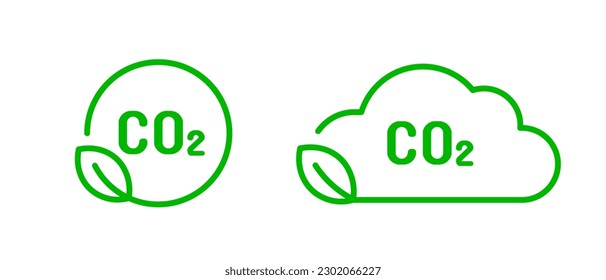 CO2 reduction vector icon set. Carbon or dioxide gas cloud symbol. Green leaf sign