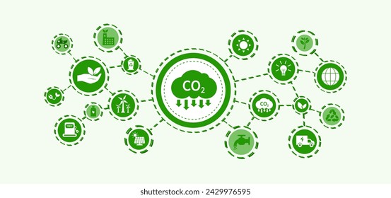 CO2 related Vector includes icons such as greenhouse gas emissions levels. Environmentally friendly production, earth, etc. with white icons on green background.