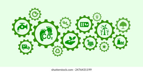 Die CO2-bezogene Vektorgrafik umfasst Symbole wie Treibhausgasemissionsgrad, umweltfreundliche Erzeugung, Erde usw. mit grünen Symbolen.
