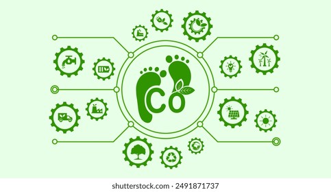 El Vector relacionado con el CO2 incluye íconos como el nivel de emisión de gases de efecto invernadero, la producción ecológica, la tierra, etc. con íconos verdes.