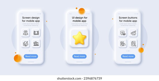 Co2, Repair document and Online chemistry line icons pack. 3d phone mockups with star. Glass smartphone screen. Search file, Vip clients, Open door web icon. Vector