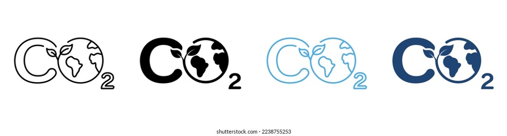CO2 Sign with Globe and Leaf Line and Silhouette Icon Color Set. Reduction Emission. Carbon Pollution on Earth Symbols on White Background. Sustainability Climate. Isolated Vector Illustration.