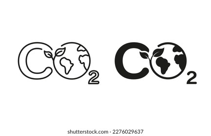 CO2-Zeichen mit Globe und Leaf Line und Silhouette Icon Set. Verringerung der Emissionen. CO2-Verschmutzung auf der Erde Symbole auf weißem Hintergrund. Nachhaltigkeitsklima. Einzelne Vektorgrafik.