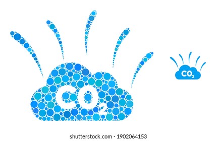 Composición de emisiones de humo de CO2 de los círculos rellenos en diferentes tamaños y tintes de color. Los círculos cargados por vectores se agrupan en un collage de emisiones de humo de CO2.