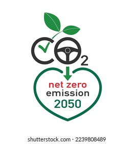 CO2 typographic design with steering wheel and green leaf check icon as a gimmick of aim at net zero CO2 emission by 2050. Vector illustration outline flat design style.