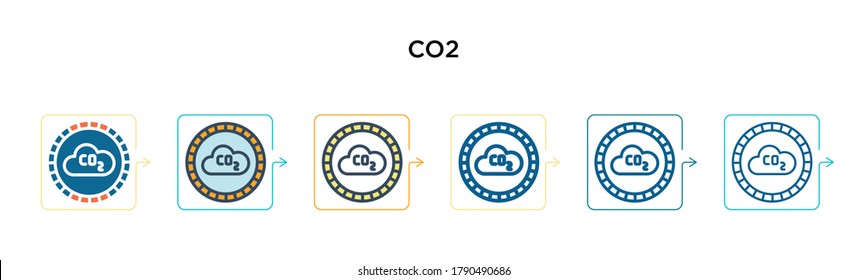 Co2 vector icon in 6 different modern styles. Black, two colored co2 icons designed in filled, outline, line and stroke style. Vector illustration can be used for web, mobile, ui