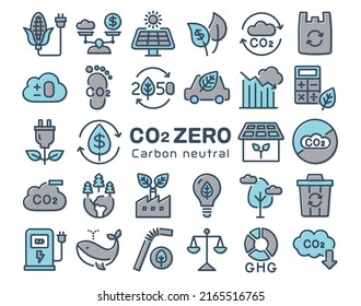 CO2 ZERO vector colorful icon set on white background. Carbon neutral.