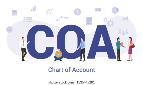 coa chart of account concept with big word or text and team people with modern flat style - vector