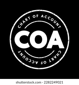 COA Chart of Account - index of all the financial accounts in the general ledger of a company, acronym text stamp