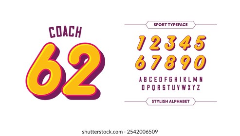 Coach 62: Vibrant orange numbers with a purple outline and crisp white A-Z characters on a sleek black background. A stylish, standout choice for a hip, athletic look. Vector illustration.