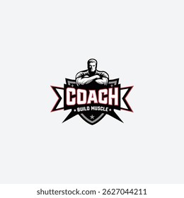 Coach Build Muscle Logo, Muscle Building Coach Emblem, Fitness Trainer Logo Design