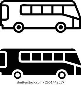 Coach Bus Icon Set, Black and White Vector, Passenger Transport Silhouette Outline Illustration