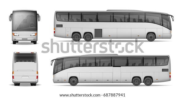 白い背景にコーチバス 広告やデザインの旅客バス リアルなコーチのモックアップ側 正面 背面の各ビューベクターイラスト のベクター画像素材 ロイヤリティフリー 687887941
