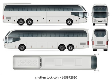 Coach Bus Vector Mock-up. Isolated Template Of Tourist Transport On White Background. Vehicle Branding Mockup. View From Side, Front, Back And Top. All Elements In The Groups On Separate Layers.