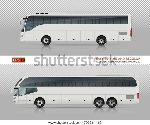 Coach buses vector mock-up for car branding and\
advertising. Isolated travel bus set on transparent background. All\
layers and groups well organized for easy editing and recolor. View\
from left side.