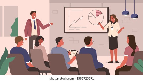 
Coach at Business Seminar speaking to Public. Audience at Meeting listening Presentation.  People Characters Learning. Business Training and Education Concept. Flat Cartoon Vector Illustration. 
