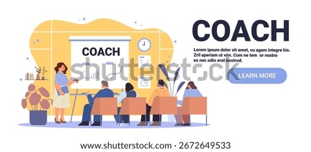 Coach business training seminar team meeting presentation female leader teaching group office interior charts clock plants modern workspace