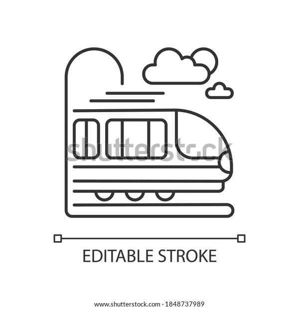 Coach car linear icon. Modern railroad\
transportation thin line customizable illustration. Contour symbol.\
Express commuter train, intercity travel. Vector isolated outline\
drawing. Editable stroke