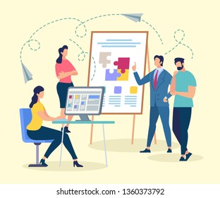 Coach Character Making Presentation of Coworking. Man Standing near Flip Board with Puzzle Pieces. Shared Workspace Service. Freelancer Talking and Working at Computer Cartoon Flat Vector Illustration