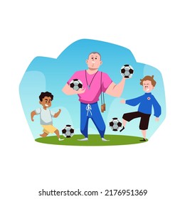 Entrenador y niños jugando fútbol en clase de educación física, ilustración vectorial plana aislada en fondo blanco. Banner de deportes para niños y educación física.