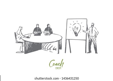 Coach concept sketch. Business partnership, arab businessman and businesswoman teamwork, economic literacy training courses, team meeting, business school banner. Isolated vector illustration