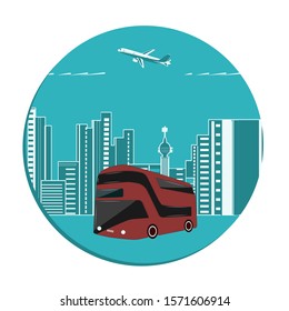 Coach exploring by bus, two-level, red - city landscape - round icon, flat style - vector. Bus travel