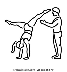 A coach give gymnastic training to student icon in linear style 