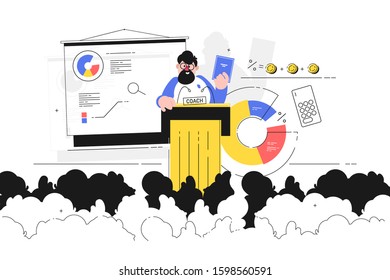 Coach giving lecture vector illustration. Business trainer discussing diagram with listeners. Bearded man holding biz tutorial and talking about ways to make money increasing income flat style concept