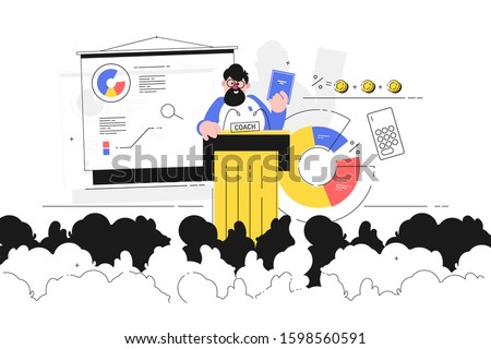 Coach giving lecture vector illustration. Business trainer discussing diagram with listeners. Bearded man holding biz tutorial and talking about ways to make money increasing income flat style concept
