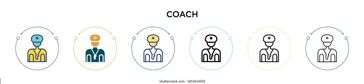 Coach icon in filled, thin line, outline and stroke style. Vector illustration of two colored and black coach vector icons designs can be used for mobile, ui, web