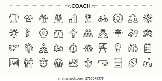 Coach icon set. Counselor icon set. Thin linear style icons. Contain linear symbols trainer, man, advice, leadership, counselor and more. Editable stroke collections.