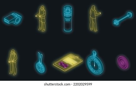 Coach icons set. Isometric set of coach vector icons neon color on black
