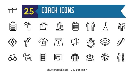 Coach icons set. Outline set of coach vector icons for ui design. Outline icon collection. Editable stroke.